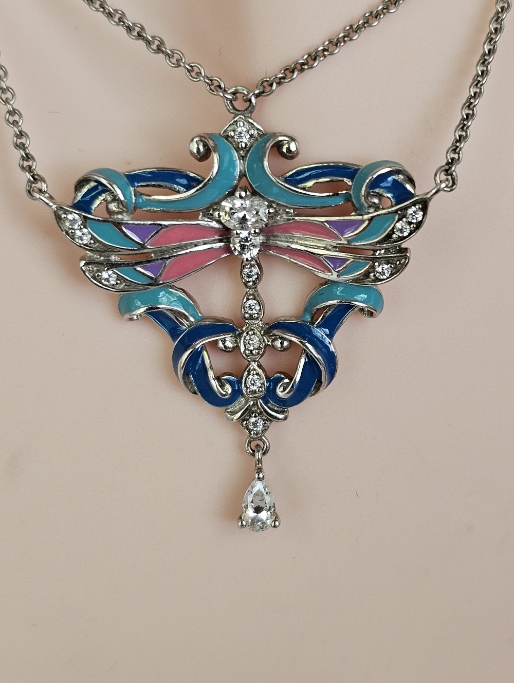 Authentic Victoria Wieck Art Noveau Enamel Dragonfly Necklace Sterling Silver